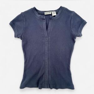 Y2K Baby Tee Ribbed Knit 2000s Vintage Short Sleeve Henley Top Size Medium